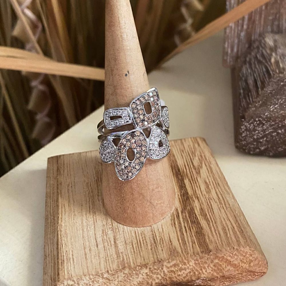 Champagne AAA CZ Rhodium and Ruthenium Brass Statement Ring Size 9